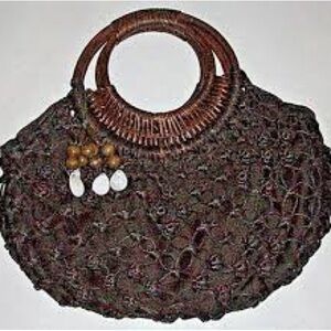Coldwater Creek Macrame’ Brown mid-size bag with dual Round wicker handles BOHO